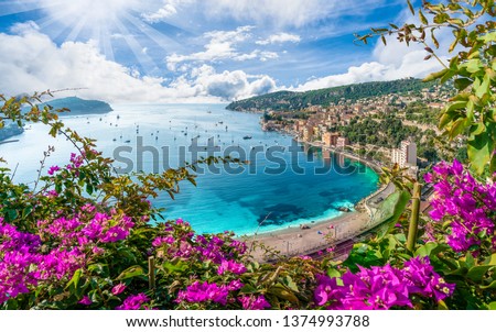 Aerial view of French Riviera coast with medieval town Villefranche sur Mer, Nice region, France 商業照片 © 