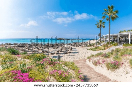 Similar – Image, Stock Photo Mediterranean Greek landscape drone shot at Kavourotripes beach with bathers. Sithonia Chalkidiki peninsula aerial top view with rocky coastal, crystal clear waters & sea beds with umbrellas.