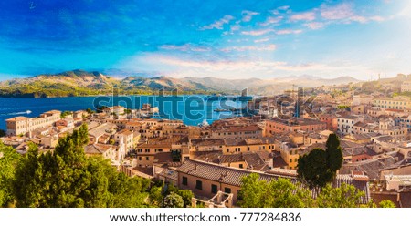 Similar – Foto Bild Panoramablick auf die antike Festung von Portoferraio im goldenen Licht auf der Insel Elba