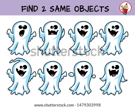 Funny little ghosts. Find two same pictures. Educational game for children. Cartoon vector illustration