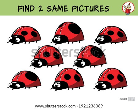 Funny ladybugs. Find two same pictures. Educational game for children. Cartoon vector illustration