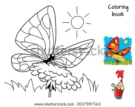 Butterfly sitting on a flower. Coloring book. Cartoon vector illustration