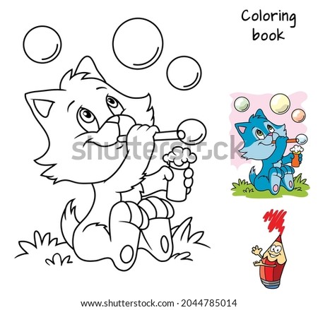 Little cat blowing soap bubbles. Coloring book. Cartoon vector illustration