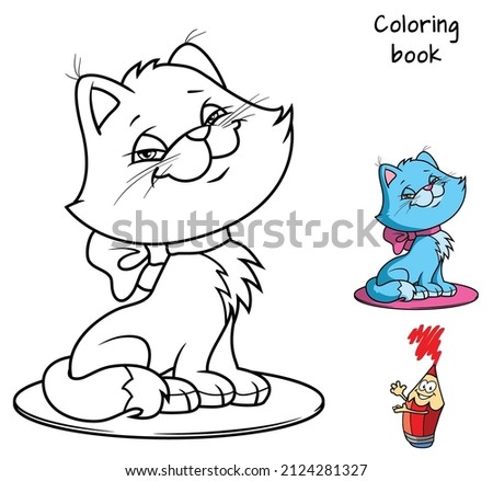 Sitting cute cat with a bow. Coloring book. Cartoon vector illustration