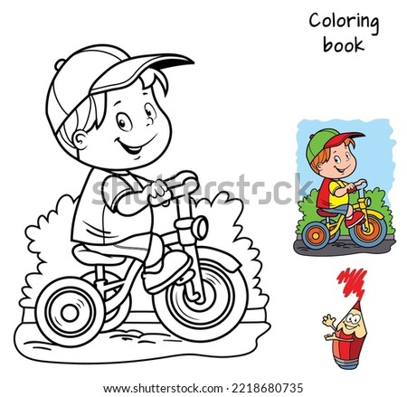 Little boy riding a kids bicycle. Coloring book. Cartoon vector illustration
