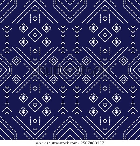 Stitch Japanese embroidery Sashiko pattern abstract seamless geometric ornaments white stitch line artwork indigo blue background vector design template decoration hand drawn print needle work quilt 
