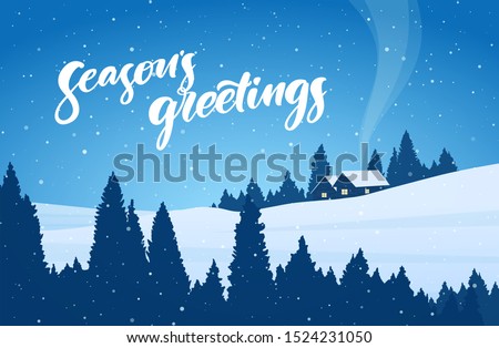 Vector illustration: Winter snowy christmas landscape with cartoon house and handwritten lettering of Season's Greetings.