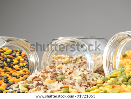 Glass Jars with Assorted Cereals (Lentils, Rice, Split Peas)