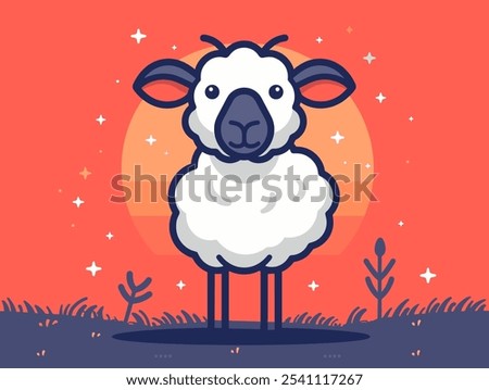 Cartoon sheep is standing in a field with a sunset in the background. The sheep is looking up at the sky, and the field is filled with grass. The image has a peaceful and serene mood