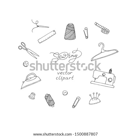 Set of sewing items. Outline drawing of hanger, sewing machine, measuring tape, iron, thread, bobbin, scissors, thimble, button, pincushion, ruler, pin, needle. Vector illustration for vintage design