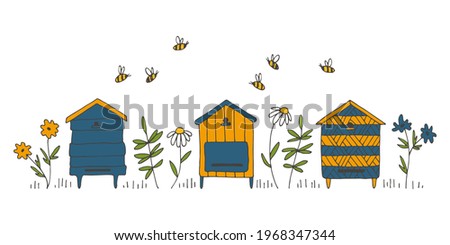 Vector apiary, bees, flowers. Colored linear hand drawn illustration is perfect for honey design, beekeeper brand identity, logo, card, label, wallpaper, poster