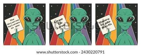 Posters for pride day with alien. UFO with LGBTQ pride flag colours light. Vector illustration