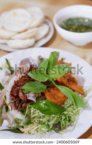 Similar – Image, Stock Photo Banh Uot Long Ga, unique vietnamese dry rice noodles (flat and wide like wet rice cake noodle) dish mixed with herbs and meat, a local delicacy of Da lat Vietnam