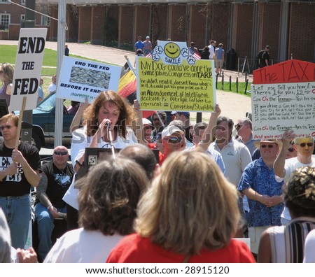 PHILADELPHIA, PA - APRIL 18: A protester speaks at tea party protest April 18, 2009 in Philadelphia. The protest is a modern-day protest to the government’s spending of billions of dollars.