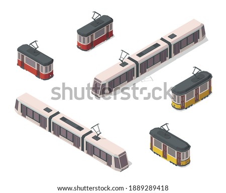 Vector isometric illustration of yellow, red and white trams. Railroad elements. Front and back. Old vintage and modern streetcars. City elements. Icons.