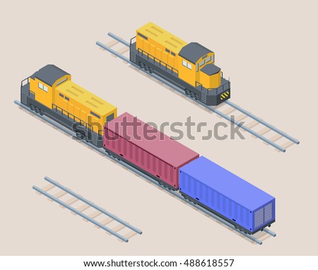 Vector isometric illustration of yellow cargo train with red and blue containers. Railroad elements. Front and back of locomotive.