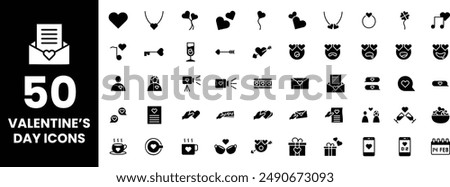 50 Valentine's Day Icons - Fill Love Icons, Romance, Emotions, Coffee Date, Texting, Love Letters and Heart Icon Set for Digital and Print Use