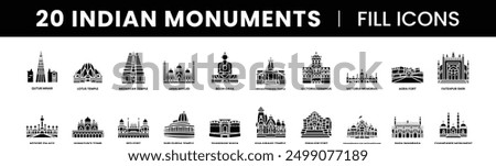 Famous Indian Monuments and Landmarks minimal fill icons like Qutub Minar, Lotus Temple, Jama Masjid, Red Fort, Meenakshi Temple, Victoria Memorial, Humayun's Tomb and More Palaces, Temples, and Forts