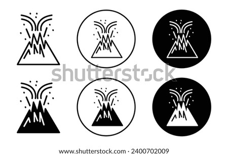 Volcano eruption icon. hot burning ash lava flame smoke by volcano eruption due to global worming and tectonic plate disaster in earthquake logo mark set. active magma erupting on top of the hill peak