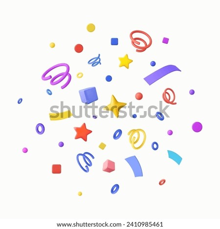 3D Party confetti with star and serpentine ribbon. Birthday surprise. Festive decoration elements for poster or banner. 3d rendering. Vector illustration