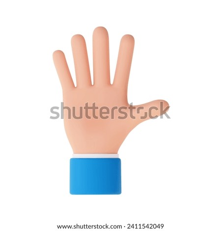 3d Cartoon character hand. Open outstretched hand, showing five fingers, extended in greeting. 3d rendering. Vector illustration
