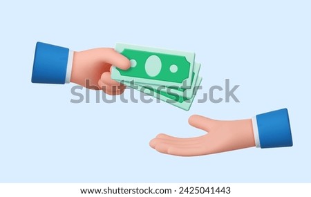 3d Cartoon character hands give and take money. Payment and shopping, good deal partnership, salary, charity, corruption, gift concept. 3d rendering. Vector illustration