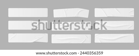 White stickers, glued paper patches and adhesive tapes with wrinkles. set of rectangular blank sticky tags and labels with folds . Vector illustration