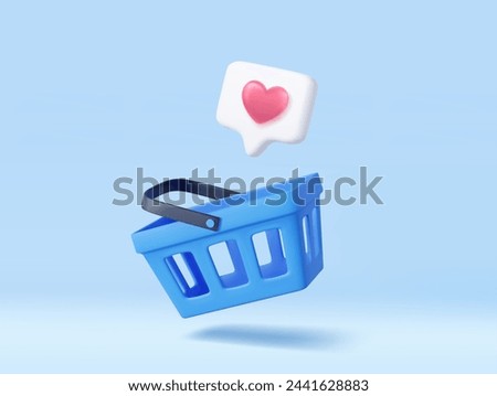 3d shopping cart and heart sign on notification speech bubble. Shopping bag for buy, sale, discount, promotion. 3D Rendering. Vector illustration