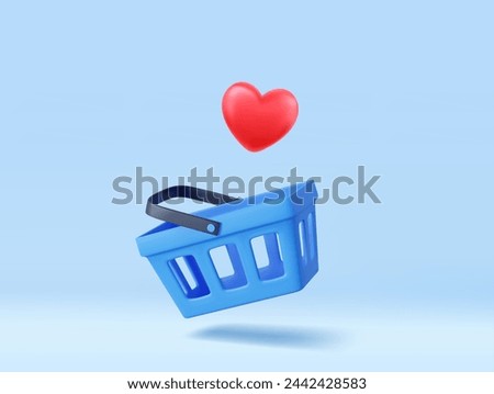 3d shopping cart and heart sign . Shopping bag for buy, sale, discount, promotion. 3D Rendering. Vector illustration