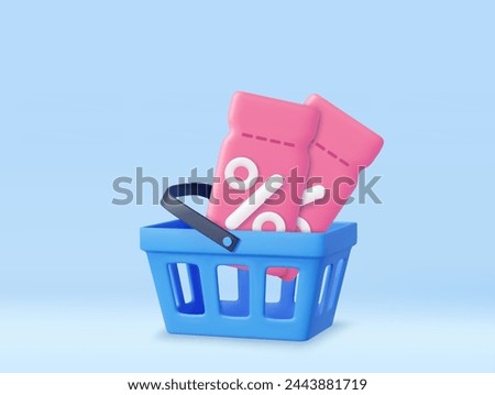 3d coupon with Shopping Basket. Sale and discount on purchases of goods. 3D Rendering. Vector illustration