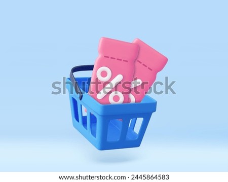 3d coupon with Shopping Basket. Sale and discount on purchases of goods. 3D Rendering. Vector illustration