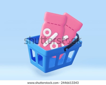 3d coupon with Shopping Basket. Sale and discount on purchases of goods. 3D Rendering. Vector illustration