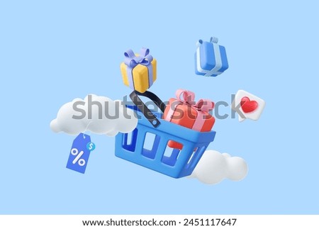 3d shopping cart and gift boxes inside. concept of online shopping, sales and discounts in stores. 3D Rendering. Vector illustration