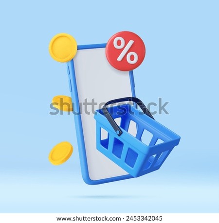 3d mobile phone with price tags, shopping cart and coin. Basket with tag discount coupon of money, special offer promotion. 3D Rendering. Vector illustration