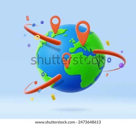 3d earth globe and map pins icon. online deliver service, delivery tracking, pin location point marker of shipment map. World traveling or GPS navigation concept. 3d rendering. Vector illustration