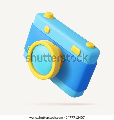 3D Photo camera icon with lens and button. Professional device for capturing events and travel locations. 3d rendering. Vector illustration