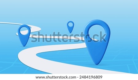 3d Road map. Pin icon symbol or gps travel route navigation marker and transportation place pointer. 3d rendering. Vector illustration