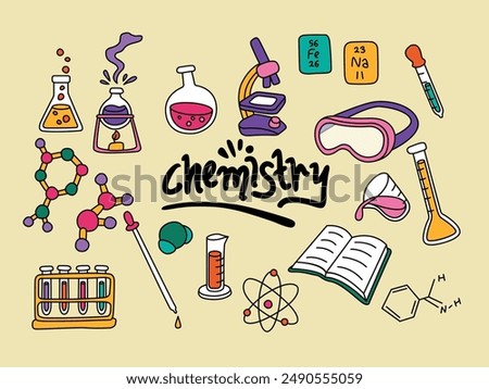 set of chemistry vector flat illustration. Bundle of chemistry doodles for school.