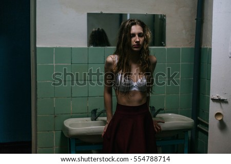 Beautiful Hopelessness Stressed Young Woman Girl With Wet
