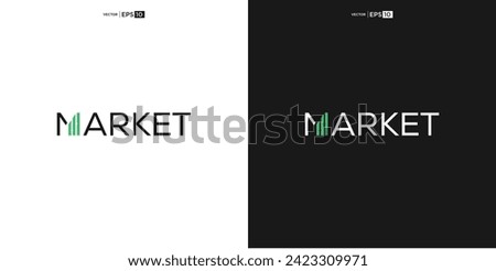 letter MARKET wordmark logo typography.The upward graph showing market growth or activity is arranged in such a way that it forms the letter 