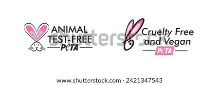 bunny cruelty free vegan icon, symbol badge, Set of 2 icons-badges Vegan, Cruelty Free, Organic and Natural. Black and white, animal tested free, vegan free