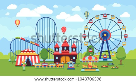 Cartoon amusement park with circus, carousels and roller coaster vector illustration. Circus park and carousel cartoon fun, amusement and carnival 商業照片 © 