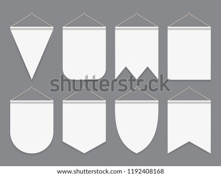 White pennant. Hanging empty fabric flags. Advertising canvas outdoor banners. Pennants vector mockup. Illustration of banner pennant collection for advertising Stockfoto © 