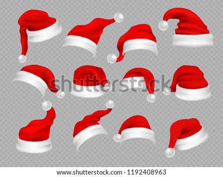 Big set of realistic Santa Hats isolated on transparent background. Vector santa claus hat colllection, holiday cap to xmas illustration