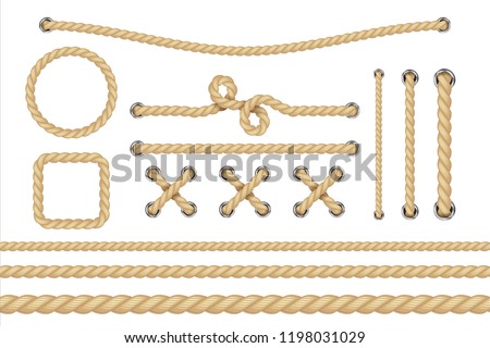 Nautical rope. Round and square rope frames, cord borders. Sailing vector decoration elements. Rope marine, nautical border, cord round, string knot twisted illustration