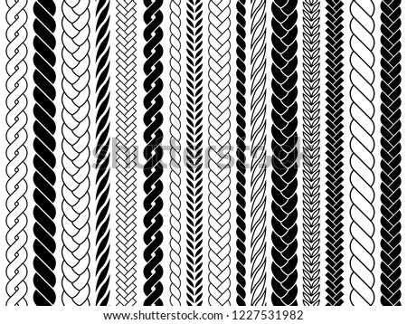 Plaits and braids pattern brushes. Knitting, braided ropes vector isolated collection Foto d'archivio © 