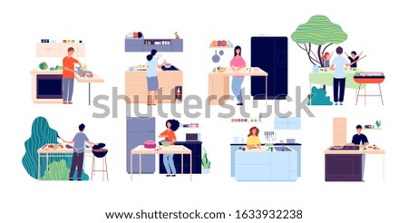People cooking. Woman preparing salad, kitchen and outdoor eating. Men women dining, eat food and bake. Happy culinary vector illustration