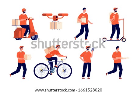 Delivery man. Service boy, courier package. Young postman on bike, male character with pizza. Employee holding box. Postal guys vector set