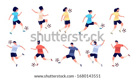 Football players. Soccer sportsman, people playing with ball. Athlete goal and kick, isolated sport action and workout vector illustration