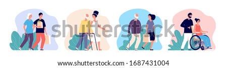 Social help. Care senior, volunteer working with elderly. Young male female caring older people. Patient health support vector illustration